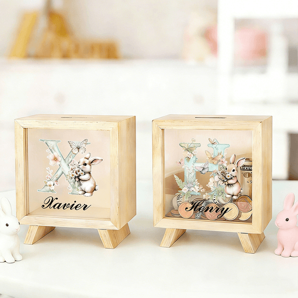Tirelire à fenêtre transparente en bois avec nom et initiales Cadeau de Pâques pour garçons et filles