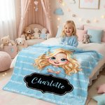 Personalised Multicolour Cute Cartoon Girl Character Soft Throw Blanket with Name Home Decor Birthday Gift for Girls