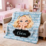 Personalised Multicolour Cute Cartoon Girl Character Soft Throw Blanket with Name Home Decor Birthday Gift for Girls