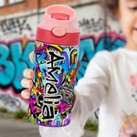 Bouteille d'eau isotherme 12 oz avec nom et paille Personnalisée Graffiti Style pour enfants Cadeau d'anniversaire de rentrée pour garçons filles