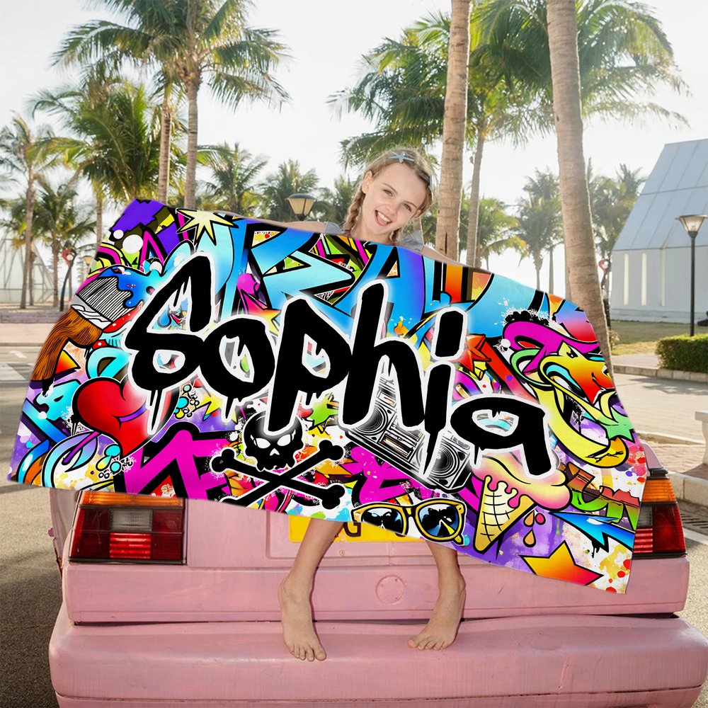 Henkilökohtainen Graffiti Design Ylimitoitettu Quick Dry Beach pyyhe nimi Beach Party syntymäpäivälahja lapsille Graffiti ystäville 5