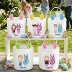 Personalized Cute Cartoon Kid Character Bunny Ears Easter Basket with Initial and Name Easter Egg Hunt Party Favors Birthday Gift for Boys Girls