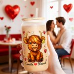 Personalisierte niedlichen Hochland Kuh 20 oz gefrostetem Klarglas Becher mit Namen und Stroh Valentinstag Geburtstag Geschenk für Paare