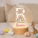 Personalized Cute Floral Bunny Initial Acrylic LED Night Light with Name and Wooden Base Nursery Decor Easter Birthday Gift for Kids