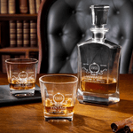 Personalized Engraved Vintage Wreath Whiskey Decanter Glasses Wooden Box Set with Year Father's Day Birthday Gift for Bartender Man Dad