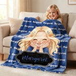 Personalised Multicolour Cute Cartoon Girl Character Soft Throw Blanket with Name Home Decor Birthday Gift for Girls