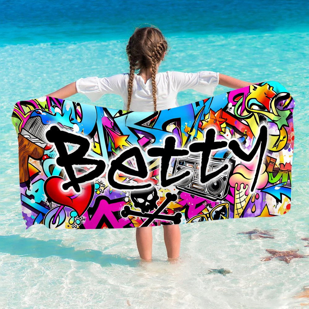 Henkilökohtainen Graffiti Design Ylimitoitettu Quick Dry Beach pyyhe nimi Beach Party syntymäpäivälahja lapsille Graffiti ystäville 3