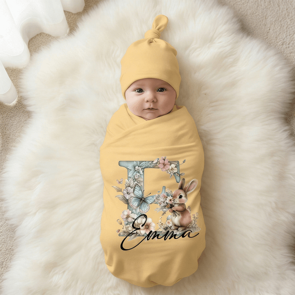 Personalized Cute Bouquet Bunny 100% Cotton Swaddle Blanket and Hat Set with Name Easter Birthday Baby Shower Gift for Newborns Babies