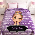 Personalised Multicolour Cute Cartoon Girl Character Soft Throw Blanket with Name Home Decor Birthday Gift for Girls