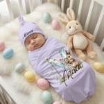 Personalized Cute Bouquet Bunny 100% Cotton Swaddle Blanket and Hat Set with Initial and Name Easter Birthday Baby Shower Gift for Newborns