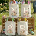 Personalized Flower Cute Bunny Ears Rabbit Easter Basket with Name and Initial Eggs Hunting Party Favor Easter Gift for Kids