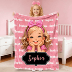 Personalised Multicolour Cute Cartoon Girl Character Soft Throw Blanket with Name Home Decor Birthday Gift for Girls