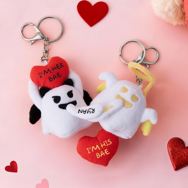 Henkilökohtainen Rakkaus Heart Glow-In-The-Dark Söpö Boo Plush Angel Devil avaimenperä nimi ja teksti Ystävänpäivä lahja pariskunnille