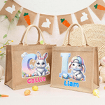 Personalisierte niedliche Hase Ostereier Jute Tote Tasche mit Initialen und Namen Eierjagd Zubehör Ostern Party Favors für Jungen Mädchen