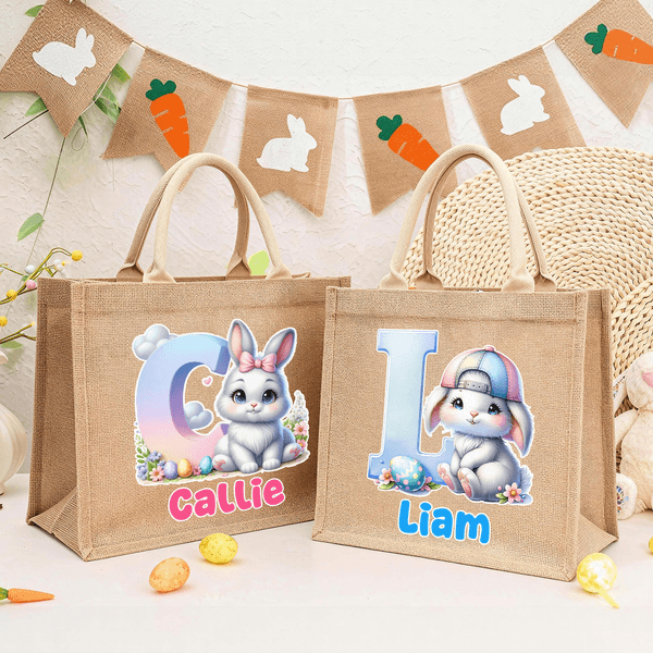 Personalisierte niedliche Hase Ostereier Jute Tote Tasche mit Initialen und Namen Eierjagd Zubehör Ostern Party Favors für Jungen Mädchen