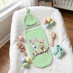 Personalized Cute Bouquet Bunny 100% Cotton Swaddle Blanket and Hat Set with Initial and Name Easter Birthday Baby Shower Gift for Newborns