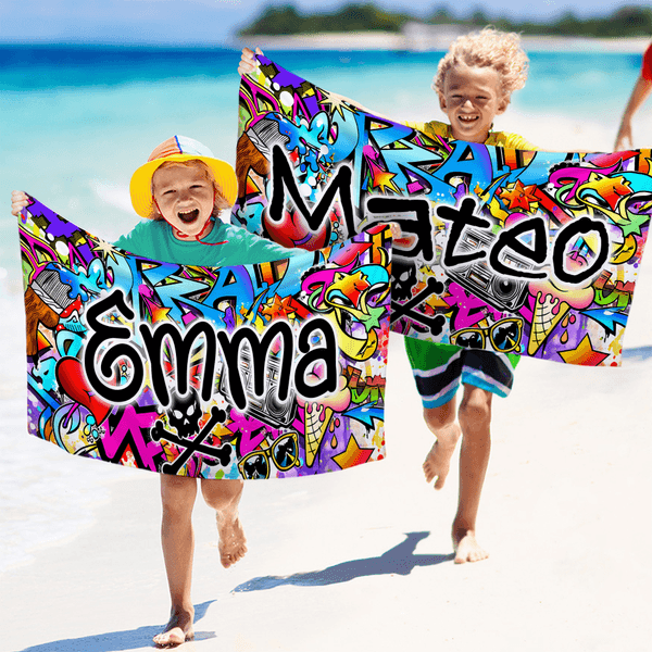 Personalized Graffiti Design Oversized Quick Dry Beach Towel with Name Beach Party Birthday Gift for Kids Graffiti Lovers