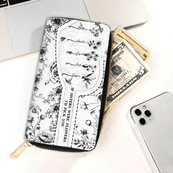 Personalized Toile De Jouy Birth Flower Hand Wallet with 1-5 Names and Multiple Compartments Birthday Anniversary Gift for Friends