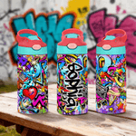 Botella isotérmica de agua para niños con nombre y pajita personalizada estilo graffiti 12 oz Regalo de cumpleaños de vuelta al cole para niños niñas