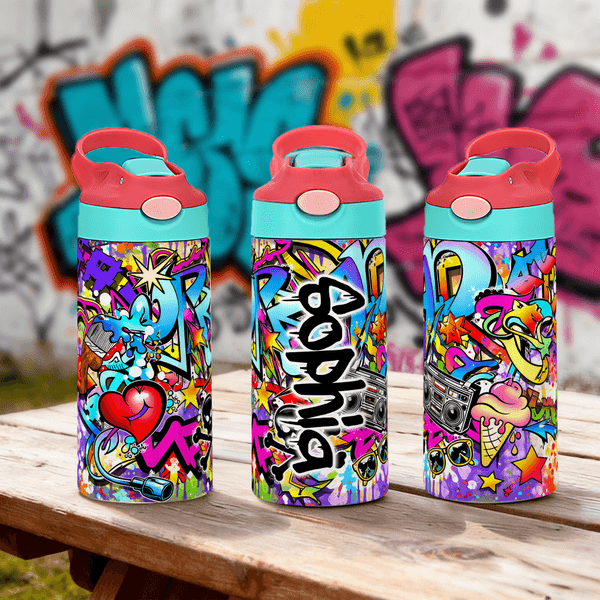 Gepersonaliseerde Graffiti stijl 12 oz geïsoleerde Kid waterfles met naam en rietje terug naar school verjaardagscadeau voor jongens meisjes