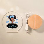 Veilleuse LED en acrylique avec nom et base en bois pour petite fille avec noeud personnalisé Cadeau d'anniversaire pour fille noire