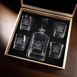 Personalized Engraved Vintage Wreath Whiskey Decanter Glasses Wooden Box Set with Year Father's Day Birthday Gift for Bartender Man Dad