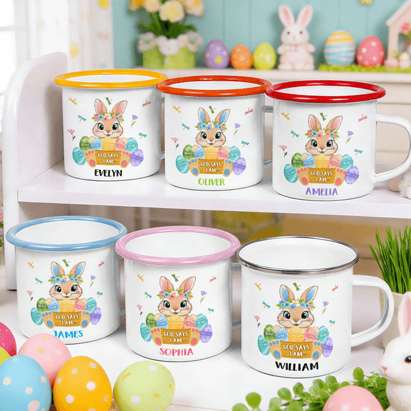 Spersonalizowany kubek emaliowany God Says I Am Cute Easter Bunny 12 oz z imieniem Wielkanocny prezent urodzinowy dla chłopców i dziewczynek