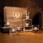 Personalized Vintage Border Initial Whiskey Decanter 2 Glasses with Engraved Name and Date Birthday Anniversary Gift for Liquor Lover