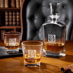 Personalized Vintage Border Initial Whiskey Decanter 2 Glasses with Engraved Name and Date Birthday Anniversary Gift for Liquor Lover