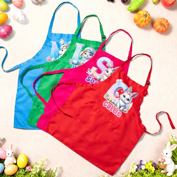 Tablier réglable pour enfant avec nom et poche Accessoire de cuisine Cadeau de Pâques pour Garçons Filles