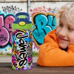 Bouteille d'eau isotherme 12 oz avec nom et paille Personnalisée Graffiti Style pour enfants Cadeau d'anniversaire de rentrée pour garçons filles
