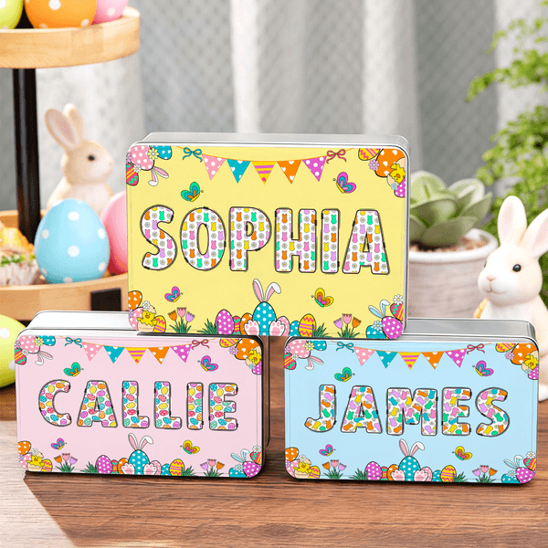 Huevo de Pascua personalizado Mariposa Caja de metal para guardar galletas con nombre Regalo de Pascua para niños