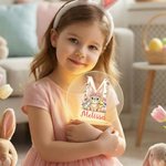 Luce notturna a LED in acrilico con nome e base in legno, personalizzata, coniglietto floreale iniziale, regalo di compleanno di Pasqua per bambini.