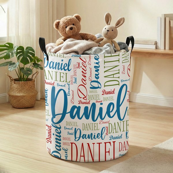 Personalised Word Cloud Name Laundry Storage Basket with Handle Bathroom Nursery Decoration Housewarming Birthday Gift for Family Kids