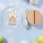 Luce notturna a LED in acrilico con nome e base in legno, personalizzata, coniglietto floreale iniziale, regalo di compleanno di Pasqua per bambini.
