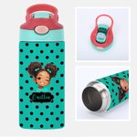 Personalised Polka Dot Cute Cartoon Black Girl Name 12 oz 16 oz Water Bottle with Straw and Handle Back to School Birthday Gift for Girls