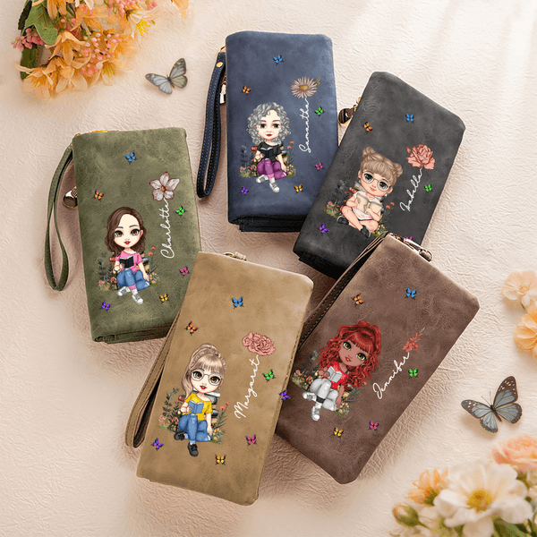 Personalized Cartoon Character Birth Flower Butterfly Wristlet Wallet with Name Daily Use Birthday Gift for Women Book Lovers