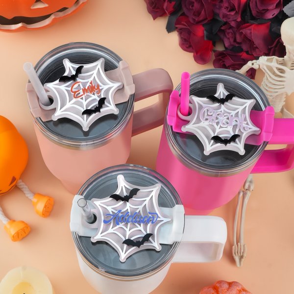 Personalised Spider Web Bat Acrylic Tumbler Plate Tag with Name Accessory for Stanley Cup Halloween Gift for Friends