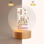 Luce notturna a LED in acrilico con nome e base in legno, personalizzata, coniglietto floreale iniziale, regalo di compleanno di Pasqua per bambini.