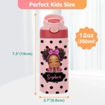 Personalised Polka Dot Cute Cartoon Black Girl Name 12 oz 16 oz Water Bottle with Straw and Handle Back to School Birthday Gift for Girls