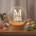 Luce notturna a LED in acrilico con nome e base in legno, personalizzata, coniglietto floreale iniziale, regalo di compleanno di Pasqua per bambini.