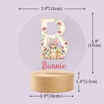Luce notturna a LED in acrilico con nome e base in legno, personalizzata, coniglietto floreale iniziale, regalo di compleanno di Pasqua per bambini.