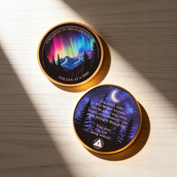 Personligt Northern Lights Sobriety Coin AA Chip med nummer och displayställ Jubileumsgåva för den som firar milstolpar i nykterhet