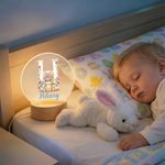 Luce notturna a LED in acrilico con nome e base in legno, personalizzata, coniglietto floreale iniziale, regalo di compleanno di Pasqua per bambini.
