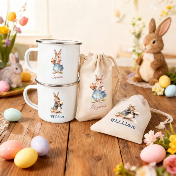 Henkilökohtainen pääsiäispupu 12 oz emali muki kiristysnauha hoitoon laukku asetettu nimi Happy Easter lahja pojille tytöille