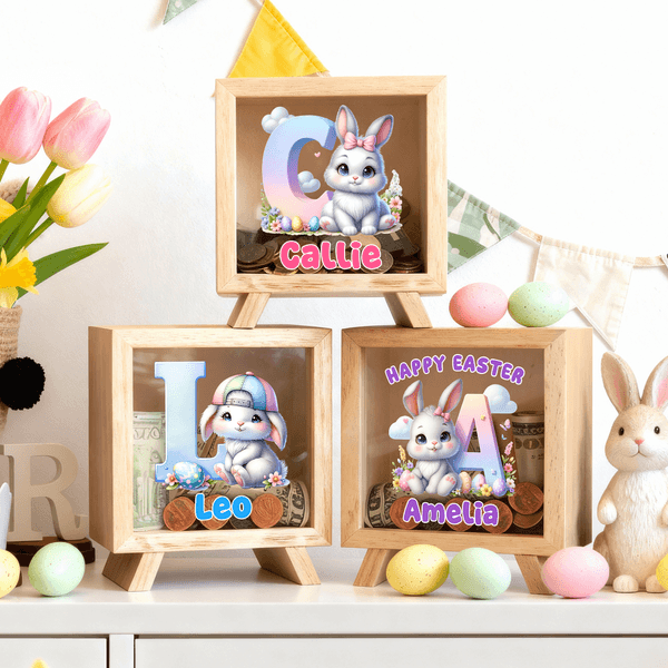 Personalised Happy Easter Cute Easter Bunny Clear Window Money Box Piggy Bank with Initial and Name Room Decor Easter Gift for Kids