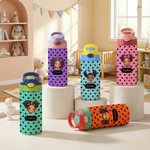Personalised Polka Dot Cute Cartoon Black Girl Name 12 oz 16 oz Water Bottle with Straw and Handle Back to School Birthday Gift for Girls