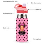 Personalised Polka Dot Cute Cartoon Black Girl Name 12 oz 16 oz Water Bottle with Straw and Handle Back to School Birthday Gift for Girls