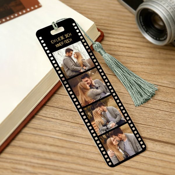 Personalisiertes Fotostreifen Lesezeichen | Retro Filmrollen-Design | 4 Eigene Fotos und Wunschtext | Geburtstag Jahrestag Geschenk für Paare Familie