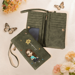 Personalisierte Cartoon Mädchen Frauen Charakter Geburt Blume PU Leder Handgelenk Brieftasche mit Namen und mehrere Kartenschlitze Geburtstag Jahrestag Geschenk für sie
